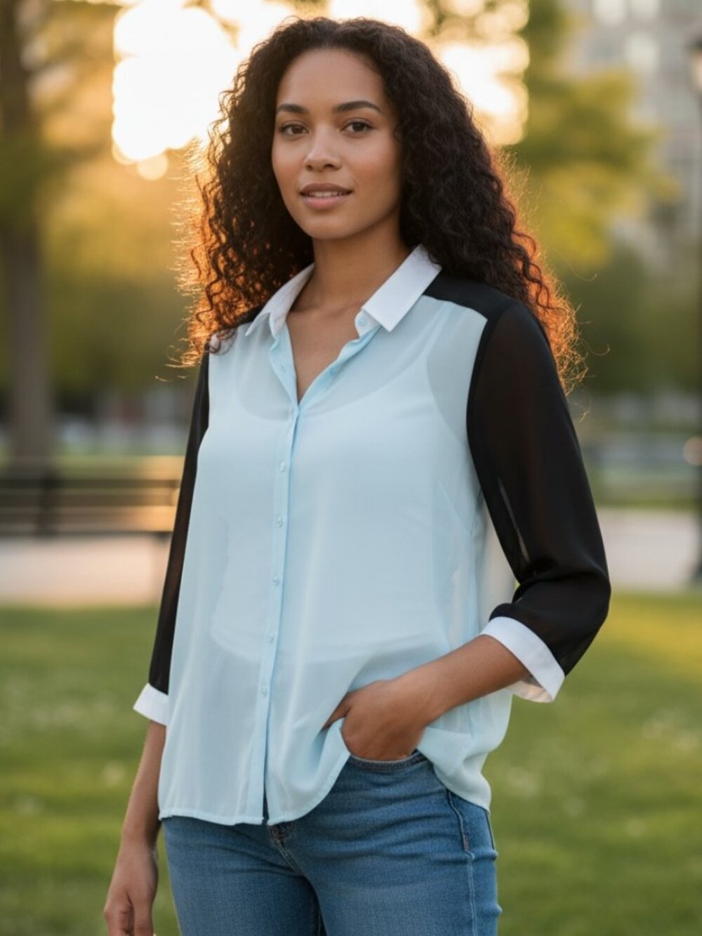 Button Down Shirt Blouse Sheer Fabric Spring 2 tones blue Sz L